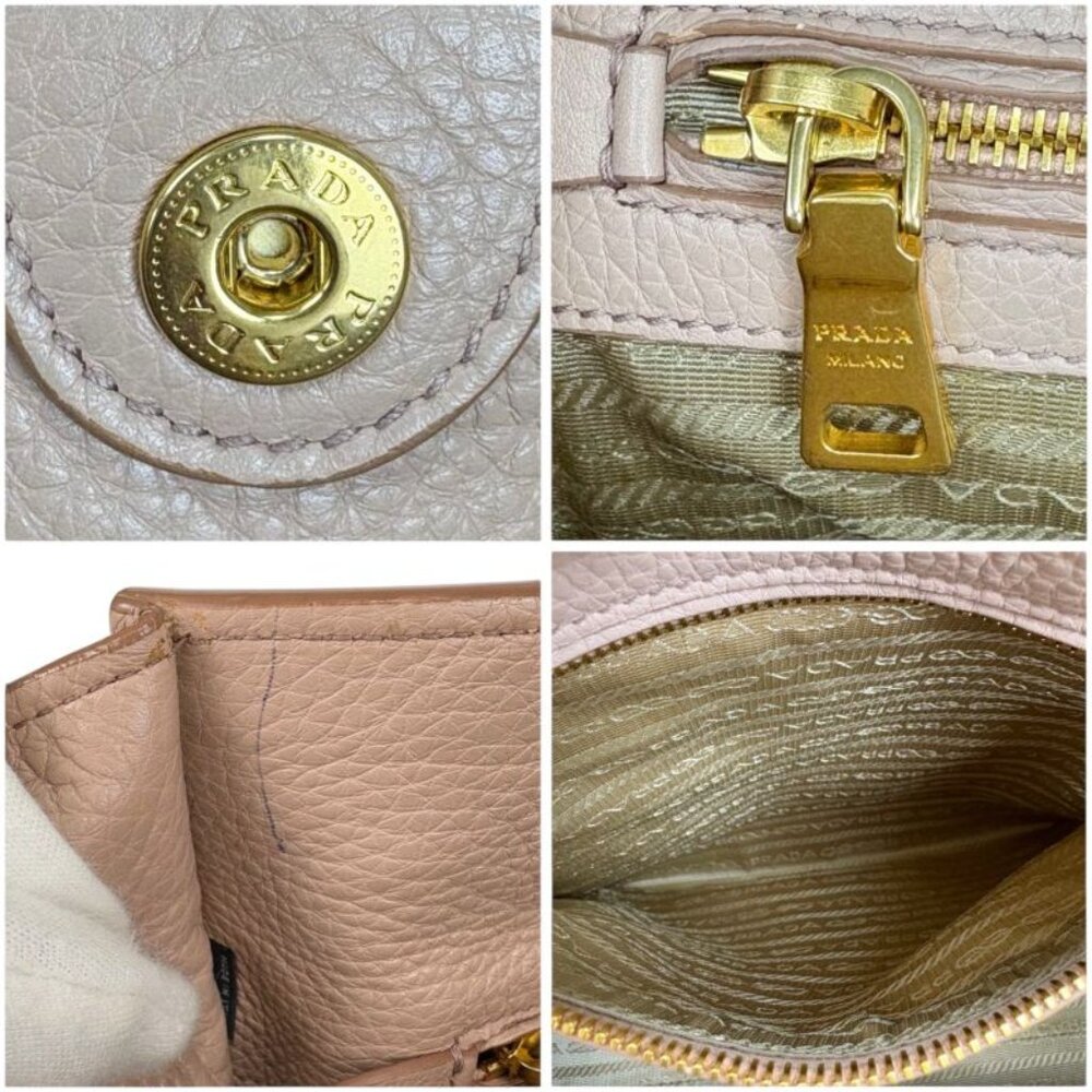 Prada 2-Way Tote Shoulder Bag Vittero Dino Leather Triangle Logo Pink Beige - Picture 8 of 14